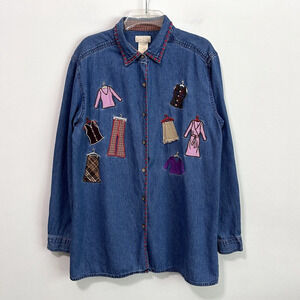 Bobbie Brooks Denim Blouse Shirt L Vintage Applique Fashion Clothing Blue Unique
